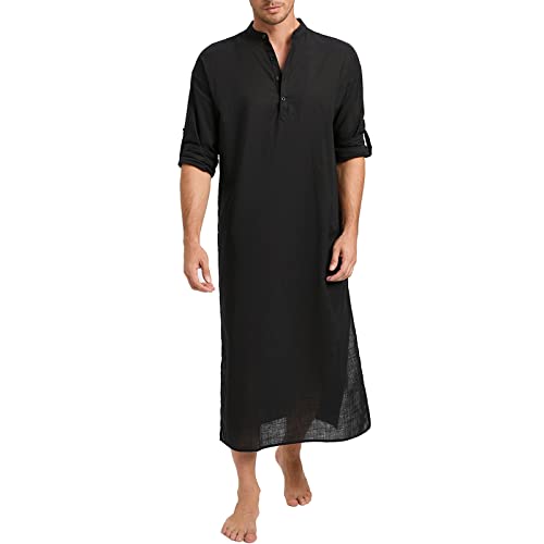 TURETRENDY Henley Herren Langarm Kaftan Thobe Button Down Bademantel Casual Side Split Gown Shirt, Schwarz, L von TURETRENDY