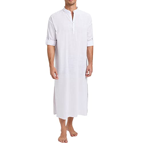 TURETRENDY Henley Herren Langarm Kaftan Thobe Button Down Bademantel Casual Side Split Gown Shirt, Weiss/opulenter Garten, Mittel von TURETRENDY