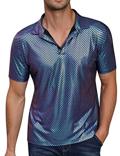 TURETRENDY Herren 70er Jahre Disco Shirts Glänzend Pailletten Kurzarm Party Shirt Slim Fit Nachtclub Kostüm Tops Blau Schwarz Kariert XL, Blau-schwarz kariert, XL von TURETRENDY