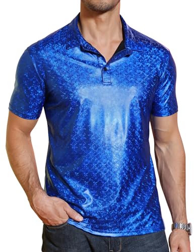 TURETRENDY Herren 70er Jahre Disco Shirts Glänzende Pailletten Kurzarm Party Polo Shirt Hipster Nachtclub Abschlussball Kostüm T-Shirt, Blau 2, XX-Large von TURETRENDY