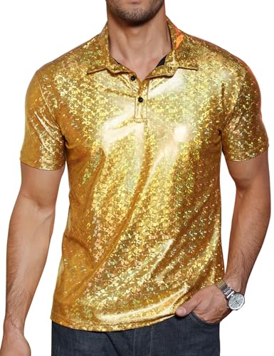 TURETRENDY Herren 70er Jahre Disco Shirts Glänzende Pailletten Kurzarm Party Polo Shirt Hipster Nachtclub Abschlussball Kostüm T-Shirt, Gold 2, XX-Large von TURETRENDY