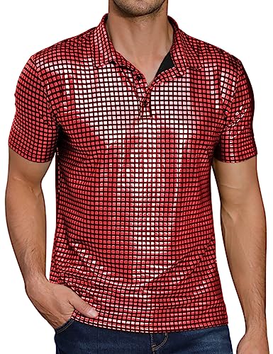 TURETRENDY Herren 70er Jahre Disco Shirts Glänzende Pailletten Kurzarm Party Polo Shirt Hipster Nachtclub Abschlussball Kostüm T-Shirt, Rot, schwarz, XL von TURETRENDY