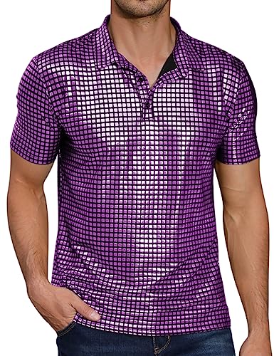 TURETRENDY Herren 70er Jahre Disco Shirts Glänzende Pailletten Kurzarm Party Polo Shirt Hipster Nachtclub Abschlussball Kostüm T-Shirt, Violett / Schwarz, XX-Large von TURETRENDY