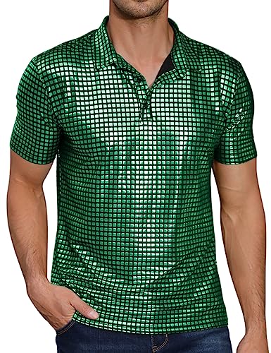 TURETRENDY Herren 70er Jahre Disco Shirts Glänzende Pailletten Kurzarm Party Polo Shirt Hipster Nachtclub Abschlussball Kostüm T-Shirt, grün / schwarz, XX-Large von TURETRENDY