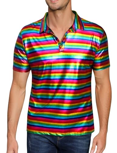 TURETRENDY Herren 70er Jahre Disco Shirts Glänzende Pailletten Kurzarm Party Poloshirt Hipster Nachtclub Abschlussball Kostüm T-Shirt, Bunt, L von TURETRENDY