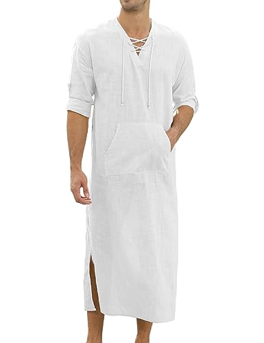 TURETRENDY Herren Kaftan Robe mit Tasche V-Ausschnitt Leinen Thobe Langarm Casual Side Split Langes Kleid, Weiss/opulenter Garten, X-Large von TURETRENDY