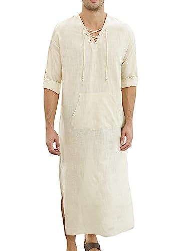 TURETRENDY Herren Kaftan Robe mit Tasche V-Ausschnitt Leinen Thobe Langarm Casual Side Split Langes Kleid, aprikose, X-Large von TURETRENDY