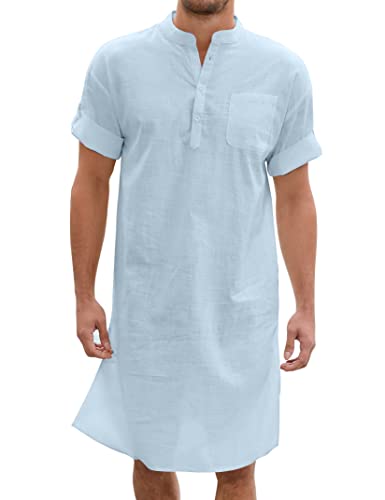 TURETRENDY Herren Kaftan Thobe Kurzarm Robe Kleid Casual Longline T Shirts für Strand, Himmelblau, Large von TURETRENDY