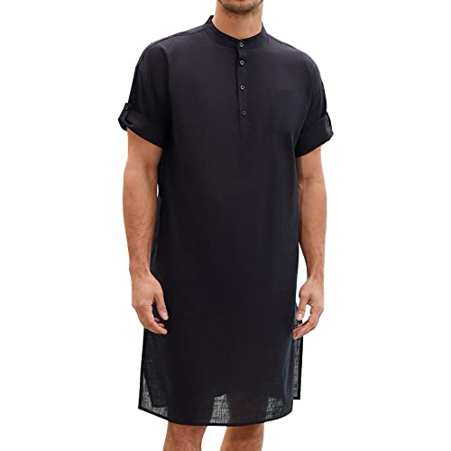 TURETRENDY Herren Kaftan Thobe Kurzarm Robe Kleid Casual Longline T Shirts für Strand, Schwarz, Large von TURETRENDY