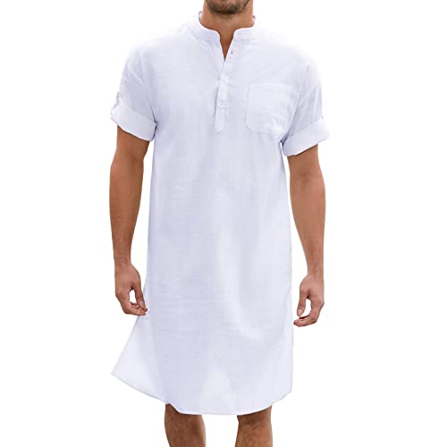 TURETRENDY Herren Kaftan Thobe Kurzarm Robe Kleid Casual Longline T Shirts für Strand, Weiß, Large von TURETRENDY