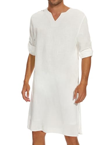 TURETRENDY Herren V-Ausschnitt Kaftan Robe Langarm Casual Thobe Side Split Kleid Shirt, Weiss/opulenter Garten, Medium von TURETRENDY