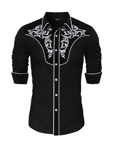 TURETRENDY Herren Western Cowboy Fransen Shirts Casual Bestickt Langarm Button Down Hippie Shirts, Schwarz Weiß, XL von TURETRENDY