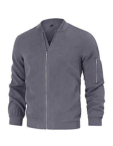 TURETRENDY Herren Wildleder Bomber Varsity Leder Jacken Leichte Softshell Flug Full Zip Casual Mantel, grau dunkel, Medium von TURETRENDY