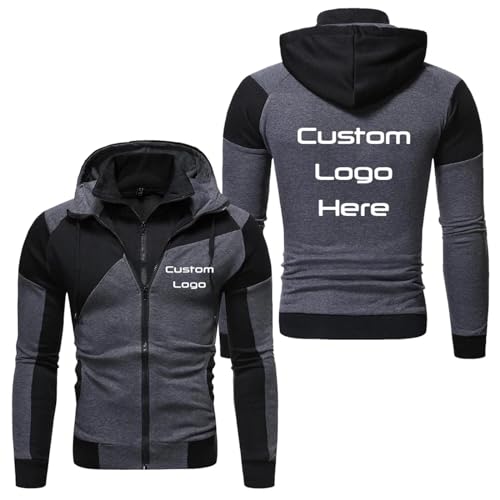 TURHAN Personalisierte Hoodie Jacke mit Foto-Logo-Text, Entwerfen Sie Ihren Eigenen Herren Patchwork Reißverschluss Mantel Frühling und Herbst Kapuzenpullover Personalisieren Sie Ihr Logo Black,S von TURHAN