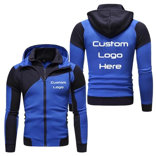 TURHAN Personalisierte Hoodie Jacke mit Foto-Logo-Text, Entwerfen Sie Ihren Eigenen Herren Patchwork Reißverschluss Mantel Frühling und Herbst Kapuzenpullover Personalisieren Sie Ihr Logo Blue,L von TURHAN