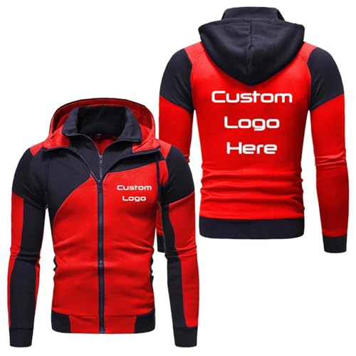TURHAN Personalisierte Hoodie Jacke mit Foto-Logo-Text, Entwerfen Sie Ihren Eigenen Herren Patchwork Reißverschluss Mantel Frühling und Herbst Kapuzenpullover Personalisieren Sie Ihr Logo Red,XXL von TURHAN