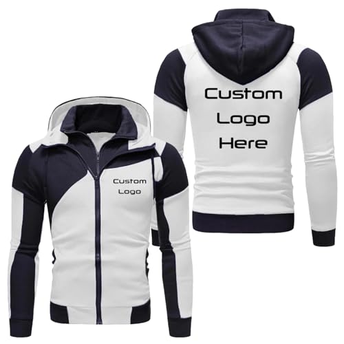 TURHAN Personalisierte Hoodie Jacke mit Foto-Logo-Text, Entwerfen Sie Ihren Eigenen Herren Patchwork Reißverschluss Mantel Frühling und Herbst Kapuzenpullover Personalisieren Sie Ihr Logo White,L von TURHAN