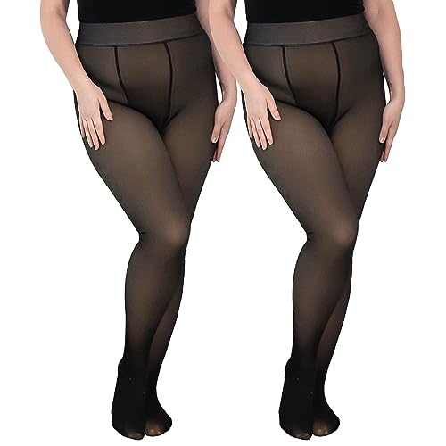 TURMIN 2 Paar Strumpfhosen Übergröße für Damen Mit Fleece Gefütterte Bauchkontroll Strumpfhose Halbblickdichte Strumpfhose Winter Warme Leggings, Schwarz Transparent, Dick(5~15℃) von TURMIN