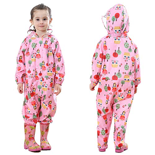 TURMIN Kinder Regenmantel mit Kapuze Mädchen Jungen Wasserdicht Regenanzug All in One Süß Muster Regenjacke Regenbekleidung Regen Poncho für Grundschüler Jungen Mädchen-Rosa-L von TURMIN