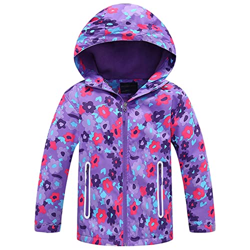 TURMIN Mädchen Regenjacke, Mit Fleece Gefütterter Regenmantel für Kinder Leichte Windjacke mit Kapuze Floral Bedruckte Jacken-Lila Blume-130(6-7 Jahre) von TURMIN