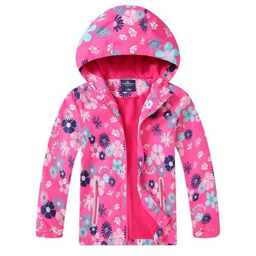 TURMIN Mädchen Regenjacke, Mit Fleece Gefütterter Regenmantel für Kinder Leichte Windjacke mit Kapuze Floral Bedruckte Jacken für 6–7 Jahre von TURMIN