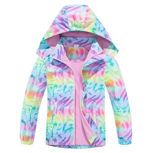 TURMIN Mädchen Regenjacke, Mit Fleece Gefütterter Regenmantel für Kinder Leichte Windjacke mit Kapuze Floral Bedruckte Jacken für 9–10 Jahre von TURMIN