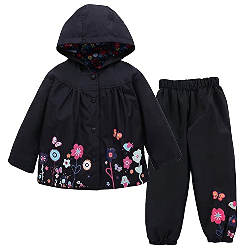 TURMIN Regenanzug Kinder, Regenjacke Matschjacke Matschhose für Mädchen Jungen Wasserdichte Regenponcho Kleinkinder Regenjacke und Hose, Schwarz, 120(3-4 Jahre) von TURMIN