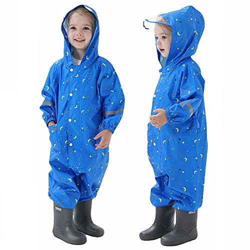 TURMIN Regenmäntel Jungen Mädchen Regenanzug Regenjacke mit Kapuze Poncho Wasserdichte Kinder Einteiliger Regenbekleidung Tragbar-Blauer Mond-L(5-7 Jahre) von TURMIN