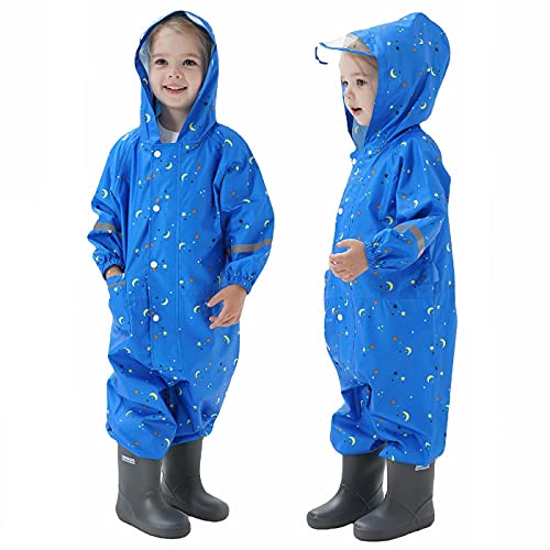TURMIN Regenmäntel Jungen Mädchen Regenanzug Regenjacke mit Kapuze Poncho Wasserdichte Kinder Einteiliger Regenbekleidung Tragbar-Blauer Mond-M(2-5 Jahre) von TURMIN