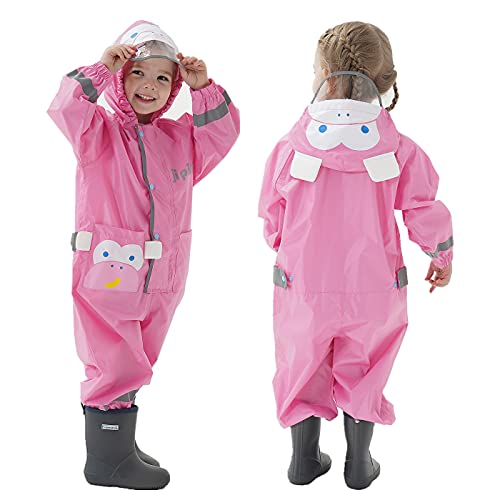 TURMIN Regenmäntel Jungen Mädchen Regenanzug Regenjacke mit Kapuze Poncho Wasserdichte Kinder Einteiliger Regenbekleidung Tragbar-Pinker Affe-M(2-5 Jahre) von TURMIN