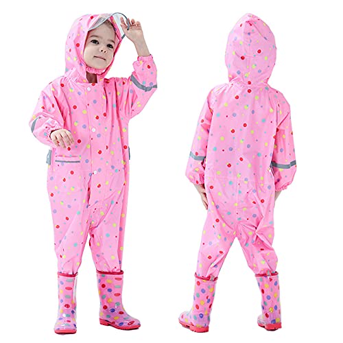 TURMIN Regenmäntel Jungen Mädchen Regenanzug Regenjacke mit Kapuze Poncho Wasserdichte Kinder Einteiliger Regenbekleidung Tragbar-Rosa-L(5-7 Jahre) von TURMIN