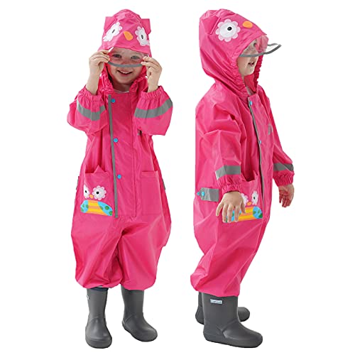 TURMIN Regenmäntel Jungen Mädchen Regenanzug Regenjacke mit Kapuze Poncho Wasserdichte Kinder Einteiliger Regenbekleidung Tragbar-Rosenrote Eule-M(2-5 Jahre) von TURMIN