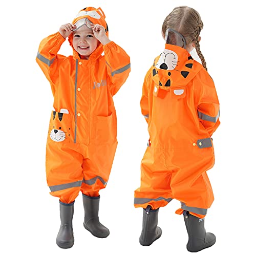 TURMIN Regenmäntel Jungen Mädchen Regenanzug Regenjacke mit Kapuze Poncho Wasserdichte Kinder Einteiliger Regenbekleidung Tragbar-Tigerin-M(2-5 Jahre) von TURMIN