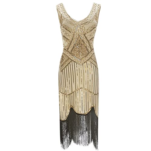 Damen 1920s Vintage Kleid 20er Jahre Charleston Kleid Pailletten Fransen Flapper Fransenkleid Kostüm Ärmellos Partykleid Bleistiftkleid Rockabilly Cocktail Club Mini Kleid Glitzer Festliches Kleid von TURWXGSO