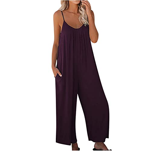 Damen Jumpsuit Sommer Loose Fit Jumpsuit Ärmellos Overall Lang Weites Bein Freizeithose mit Taschen Strampler Lange Playsuit Hose Lässig Hosenanzug Einfarbig/Bedruckter Overall für Frauen von TURWXGSO