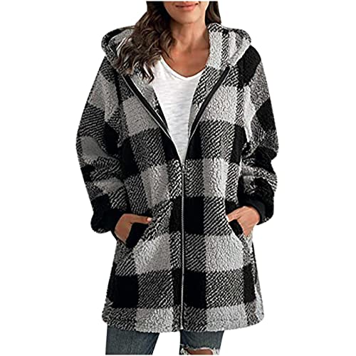 Damen Karo Jacke Warme Plüsch Kapuzenjacke Klassische Kariert Langarm Tasche Reißverschluss Locker Fleecejacke Herbst Winter Übergangsjacke Mittellang Mantel Große Größe S-4XL (EU Größe 34-46) von TURWXGSO