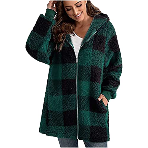 Damen Karo Jacke Warme Plüsch Kapuzenjacke Klassische Kariert Langarm Tasche Reißverschluss Locker Fleecejacke Herbst Winter Übergangsjacke Mittellang Mantel Große Größe S-4XL (EU Größe 34-46) von TURWXGSO