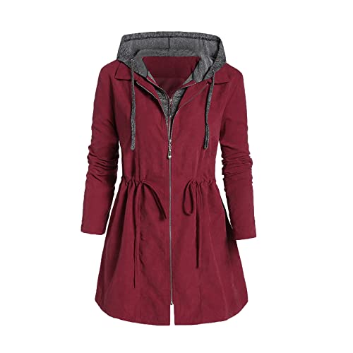 Hoodie Damen mit Kapuze Große Größe Elegante Slim Fit Jacke Langarm Reißverschluss Kordelzug Mittellang Mantel Herbst Frühling Windbreaker Casual Mantel Übergangsjacke Cardigan Schwarz Rot S-XXXXXXL von TURWXGSO