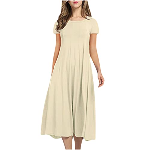 Kleider für Frauen mit Rundhalsausschnitt, Faltenrock in A-Linie, solide, Kurze Ärmel, Kleid mit Empire-Taille, Baumwollkleider von TURWXGSO