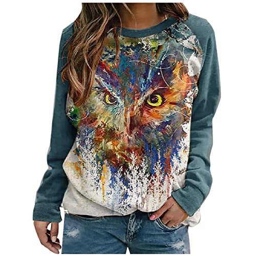 Pullover Damen Langarm Eule Feder Retro Muster Rundhals Casual Female T-Shirt Elegante Lose Herbst Winter Frühling Sweatshirt Bluse Freizeit Outdoor Oberteil Top S-XXL von TURWXGSO