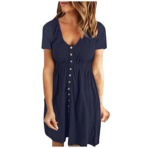 Sommerkleider für Damen Casual Shirt Kleider Damen Solide Kurzarm Button-Down V-Ausschnitt Mini T-Shirt Kleider von TURWXGSO