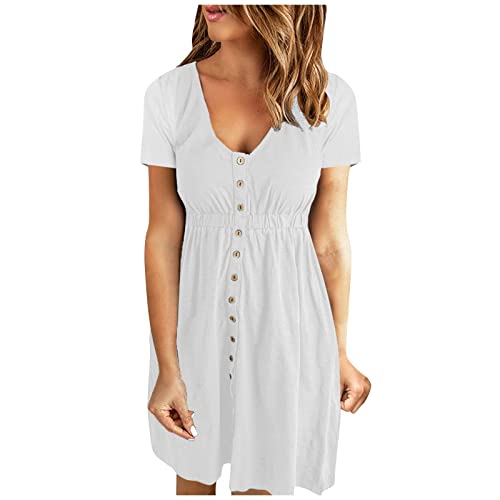 Sommerkleider für Damen Casual Shirt Kleider Damen Solide Kurzarm Button-Down V-Ausschnitt Mini T-Shirt Kleider von TURWXGSO