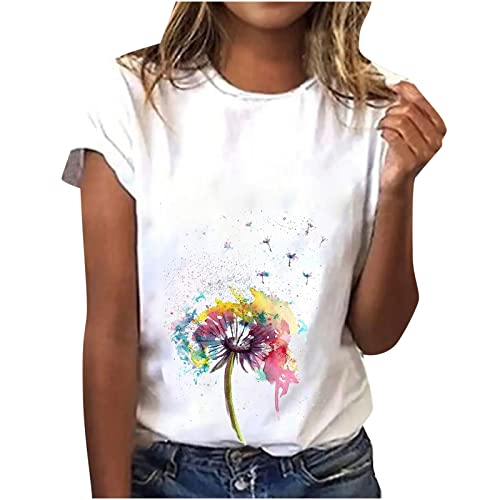 T Shirt Damen Kurzarm mit Drucken Oversize Pullover Tops Vintage floralen Motiven Oberteile Lose Kurze Sommerbluse mit Rundhals Teenager Mädchen Lang Tops von TURWXGSO