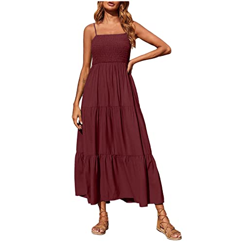 TURWXGSO Bohemian Spaghetti Strap Smoked Tiered Maxi Beach Sun Dresses für Damen, ärmelloses festes Maxikleid, gesmoktes Midikleid von TURWXGSO