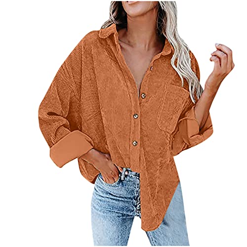 TURWXGSO Cord Hemd Damen Oversize Bluse Cordstoff Hemdbluse Einfarbig Cordhemd Langarm Button-Down Freizeitjacke Vintage Reverskragen Hemdjacke Frühling Herbst Oberteile Top Lose Outwear von TURWXGSO