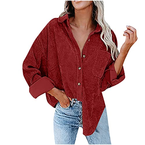 TURWXGSO Cord Hemd Damen Oversize Bluse Cordstoff Hemdbluse Einfarbig Cordhemd Langarm Button-Down Freizeitjacke Vintage Reverskragen Hemdjacke Frühling Herbst Oberteile Top Lose Outwear von TURWXGSO