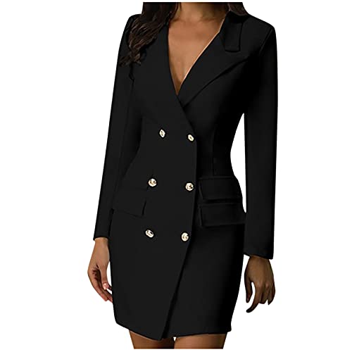 TURWXGSO Damen Blazer Kleid Elegant Zweireihig Reverskragen Figurbetontes Minikleid Schwarz Blazer Langarm Lang Weiß Blazer Damen Slim Mantel für Büro Business Hochzeitsgast von TURWXGSO