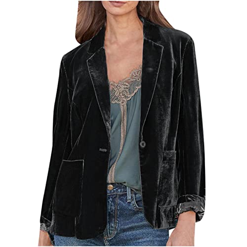 TURWXGSO Damen Elegant Blazer Samt Knopf Retro Damen Anzug Langarm Umlegekragen Volltonfarbe Herbst Dünne Jacke Lose Strickjacke Übergangsmantel für den täglichen Gebrauch von TURWXGSO