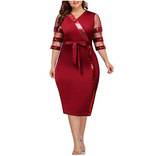 TURWXGSO Damen Figurbetontes Kleid 3/4 Arm Mesh Elegante Blume Muster Bleistiftkleid Rundhals Knielang Pailletten Mini Kleid für Party Hochzeit Abend Lässig große Größe L-5XL (EU Größe 38-48) von TURWXGSO