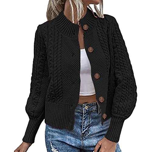 TURWXGSO Damen Herbst Cardigan Taste Lange Ballonärmel Rundhals Einfarbig Strickpullover Casual Tägliches Tragen Offene Vorderseite Kurzer Mantel Gestrickt Oberbekleidung S-XL von TURWXGSO